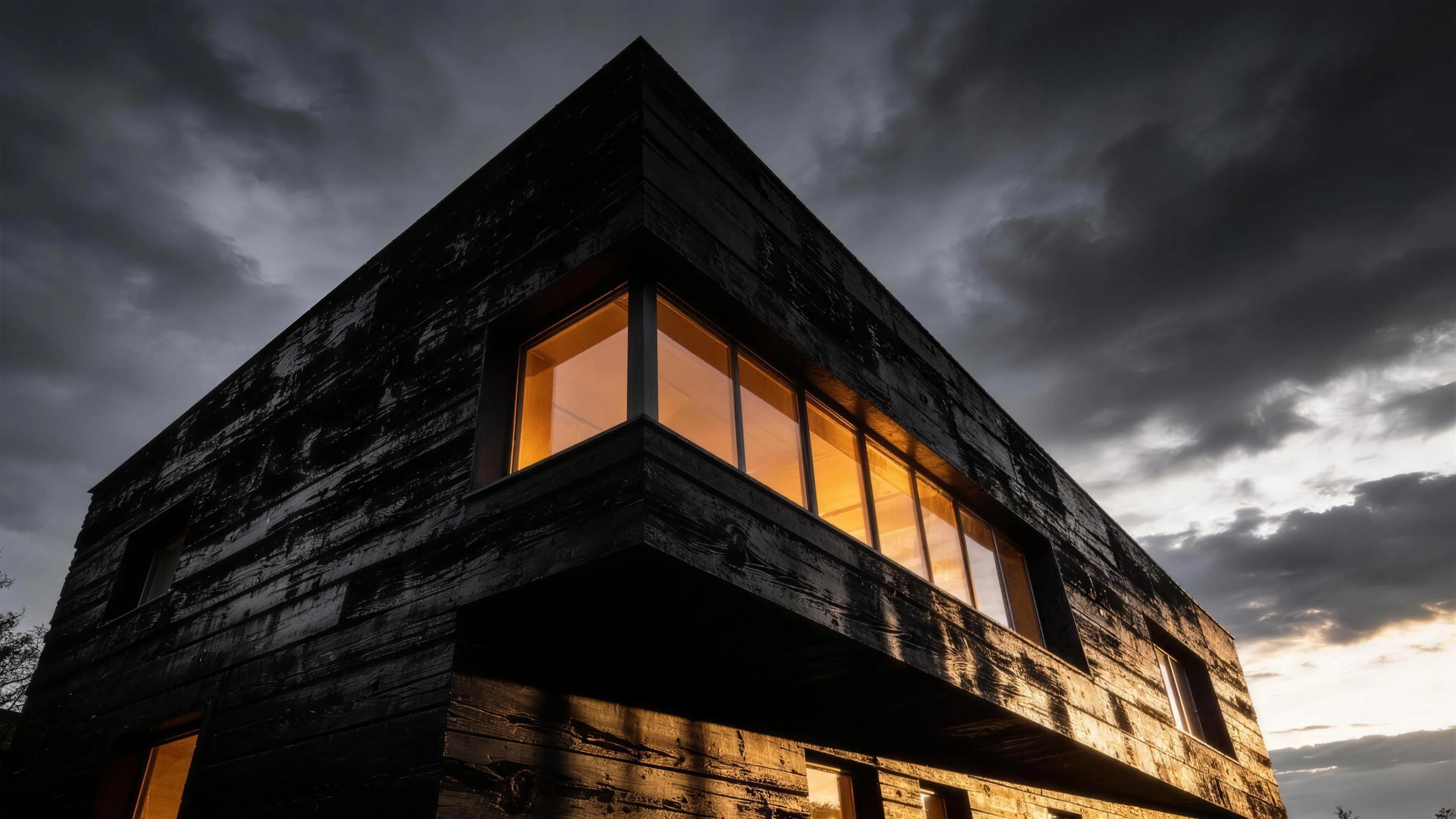 A black-clad angular modern house under a breaking storm sky, windows glowing.