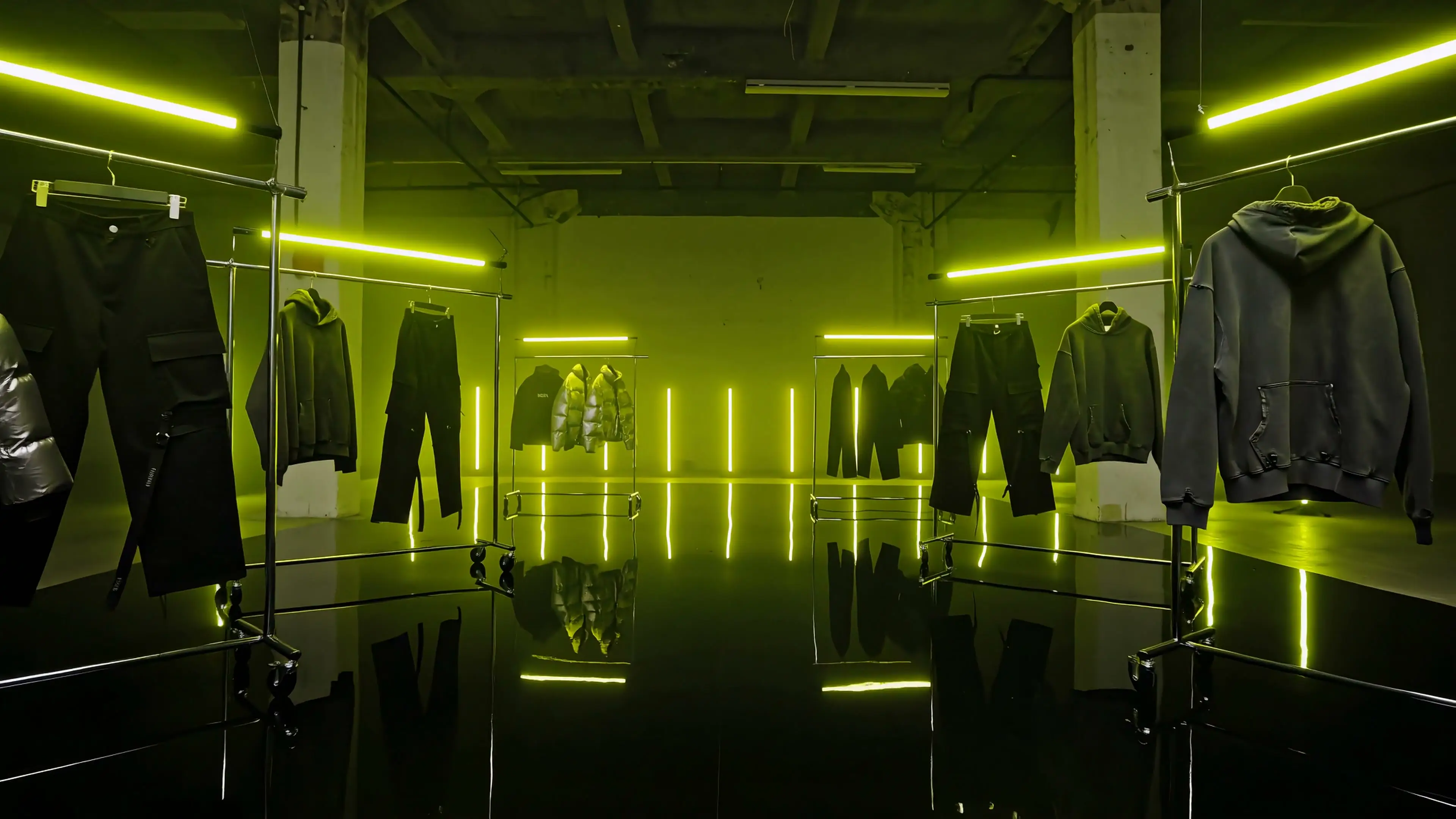 A dark warehouse runway — acid neon tubes overhead, streetwear racks either side